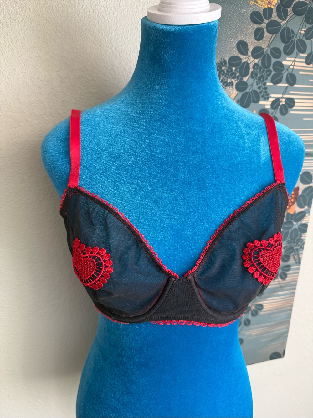 Adore Me Sheer Black and Red Heart Embroidered Balconette Bra